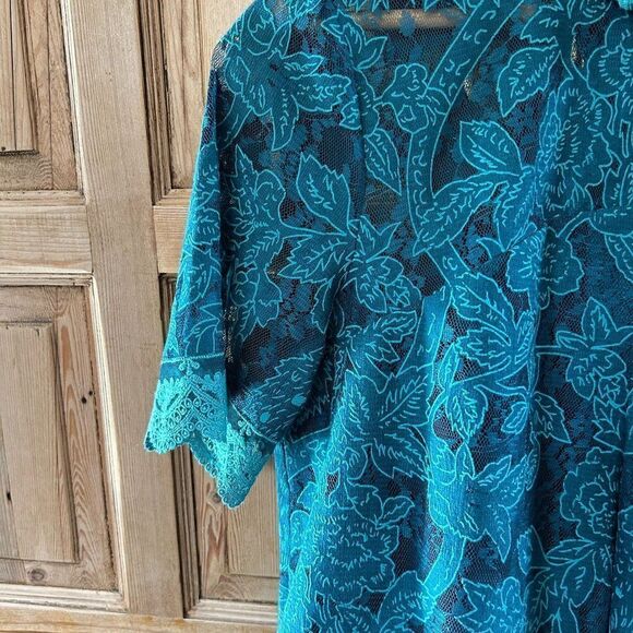 HD In Paris 6 Blouse Green Lace Peacock Floral Pattern Short Sleeve High Neck - Picture 3 of 8